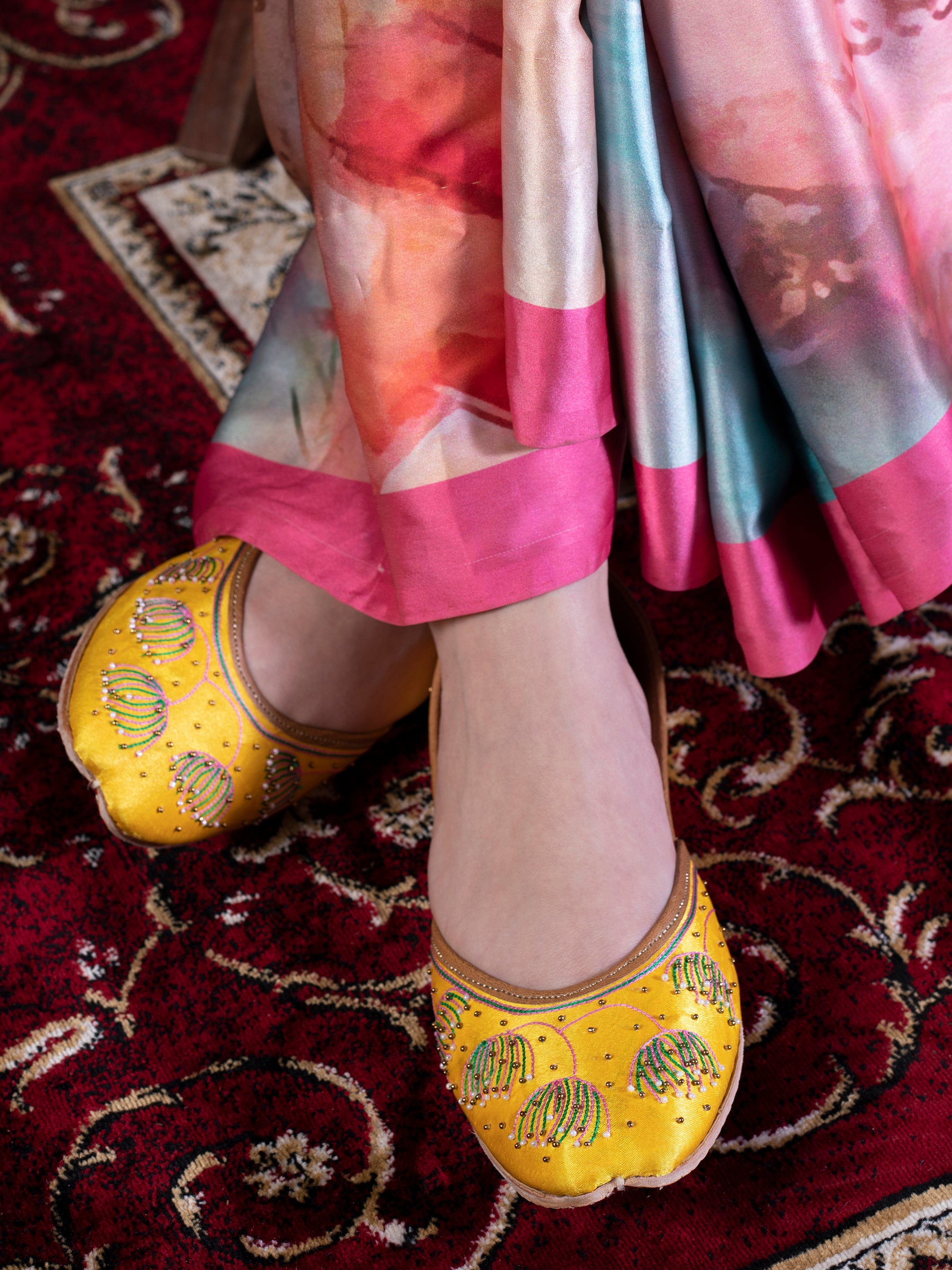 Yellow Naira Lotus Embroidered Punjabi Juttis