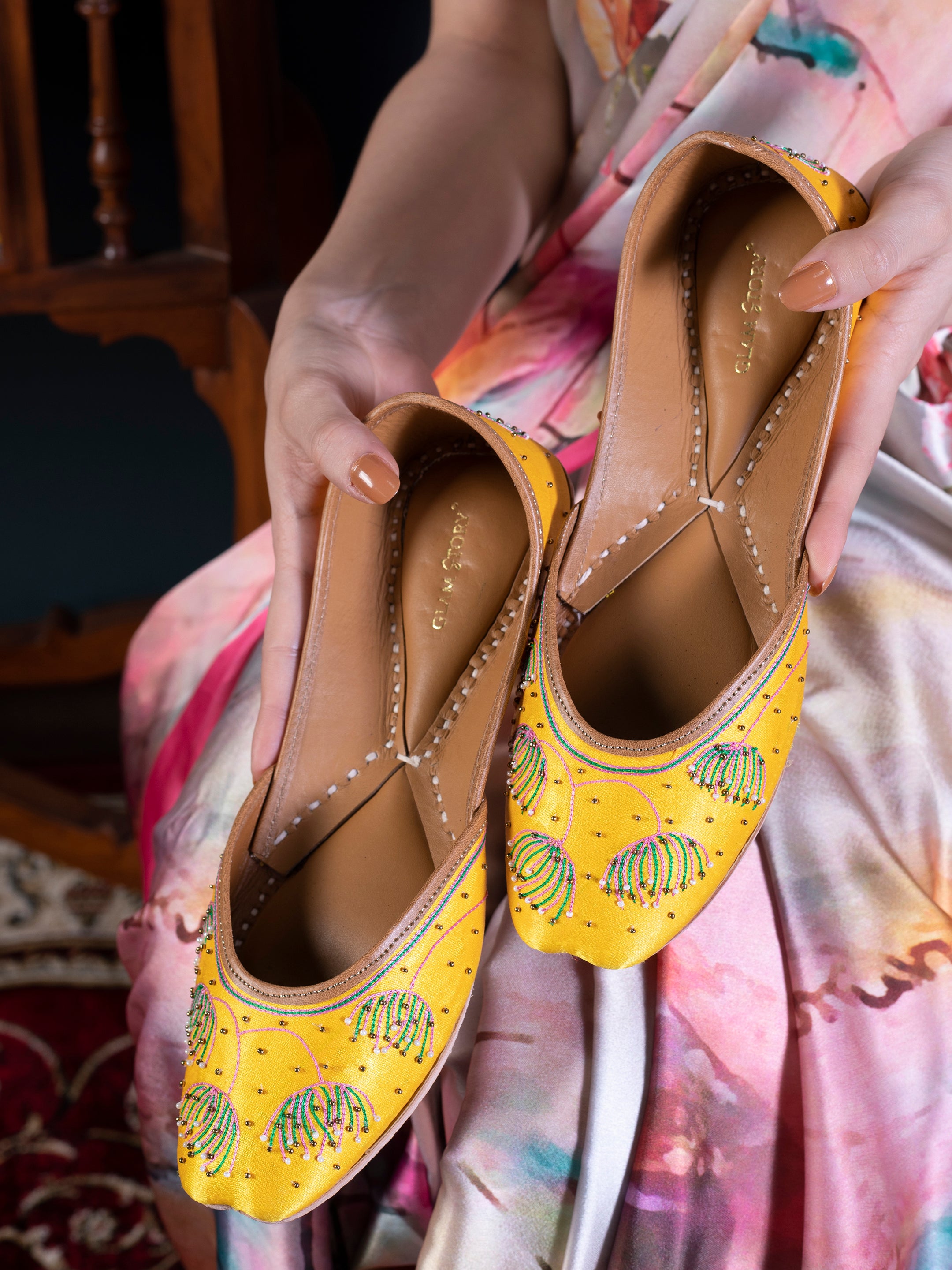 Yellow Naira Lotus Embroidered Punjabi Juttis