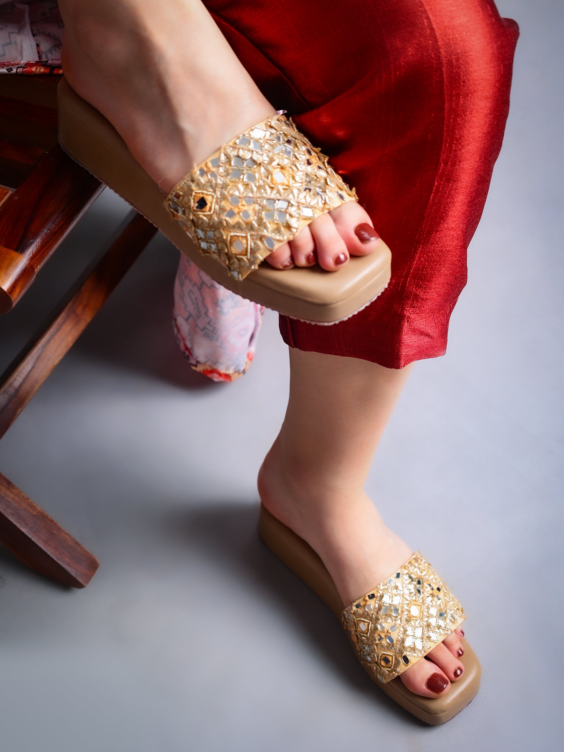 Masakali Beige Mirror Work Ethnic Wedge