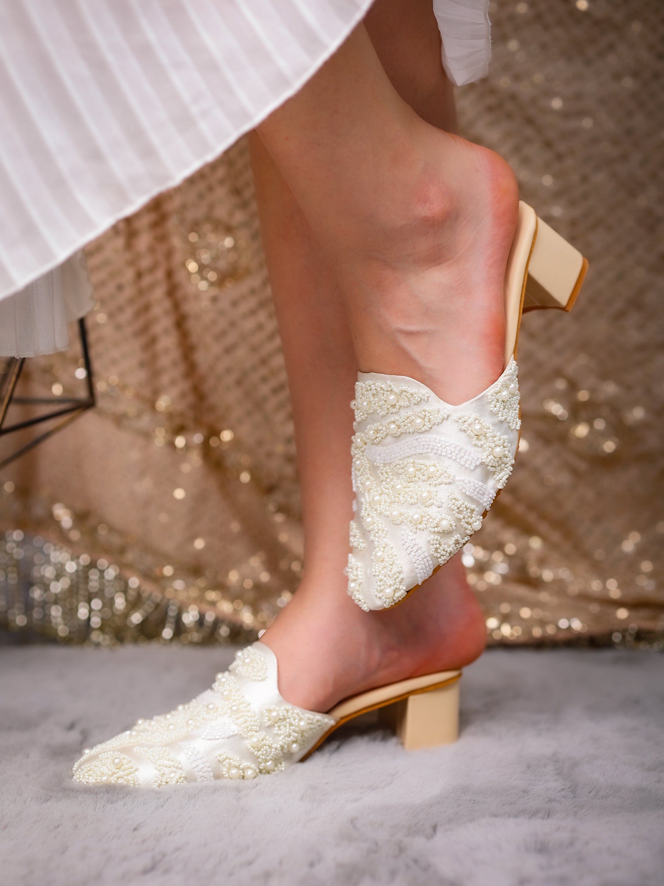 Masakali White Pearl Elegance Mules with Moti Work Heel