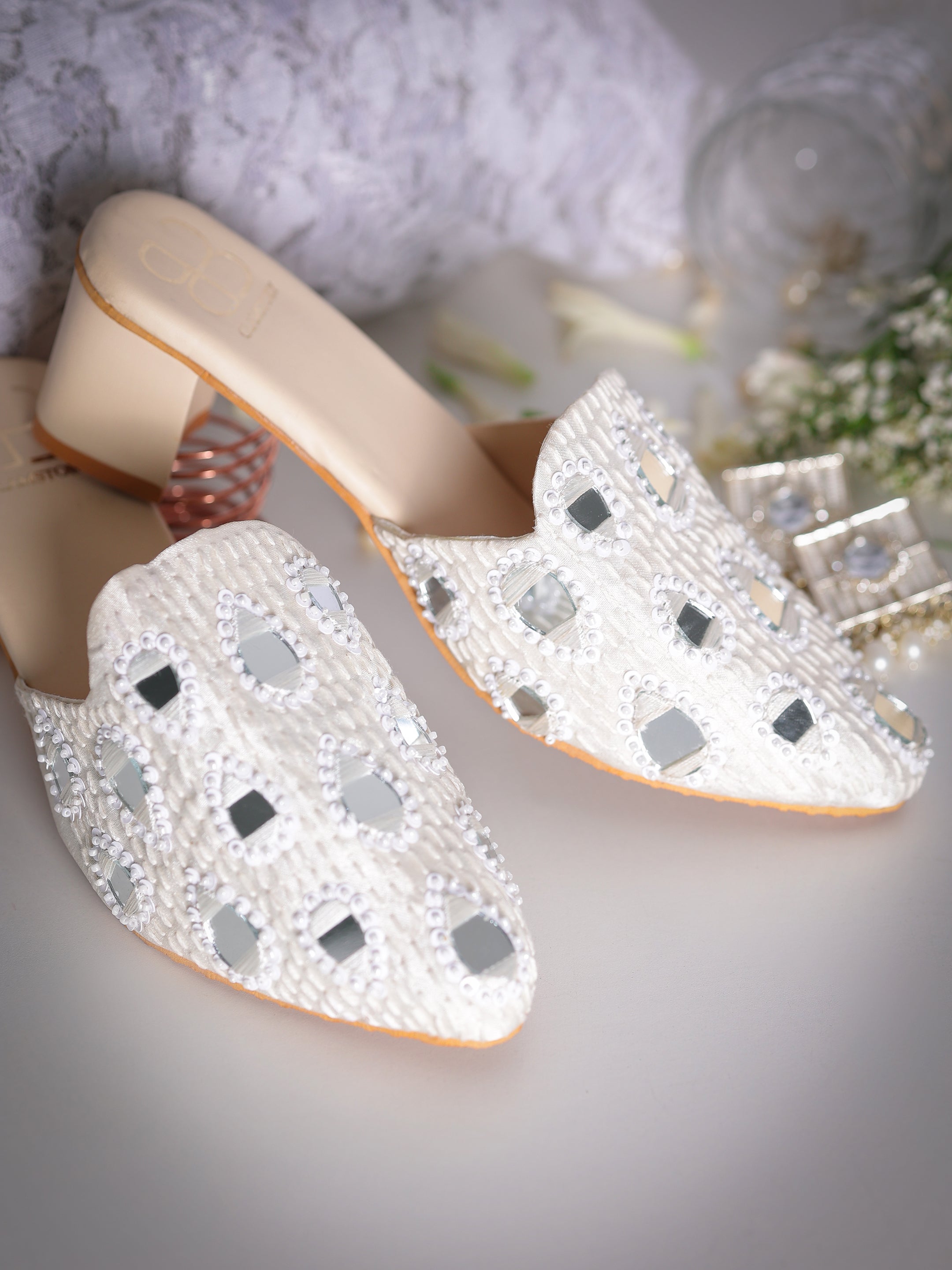 Masakali  White Mirror Work Elegance Mules with Heel