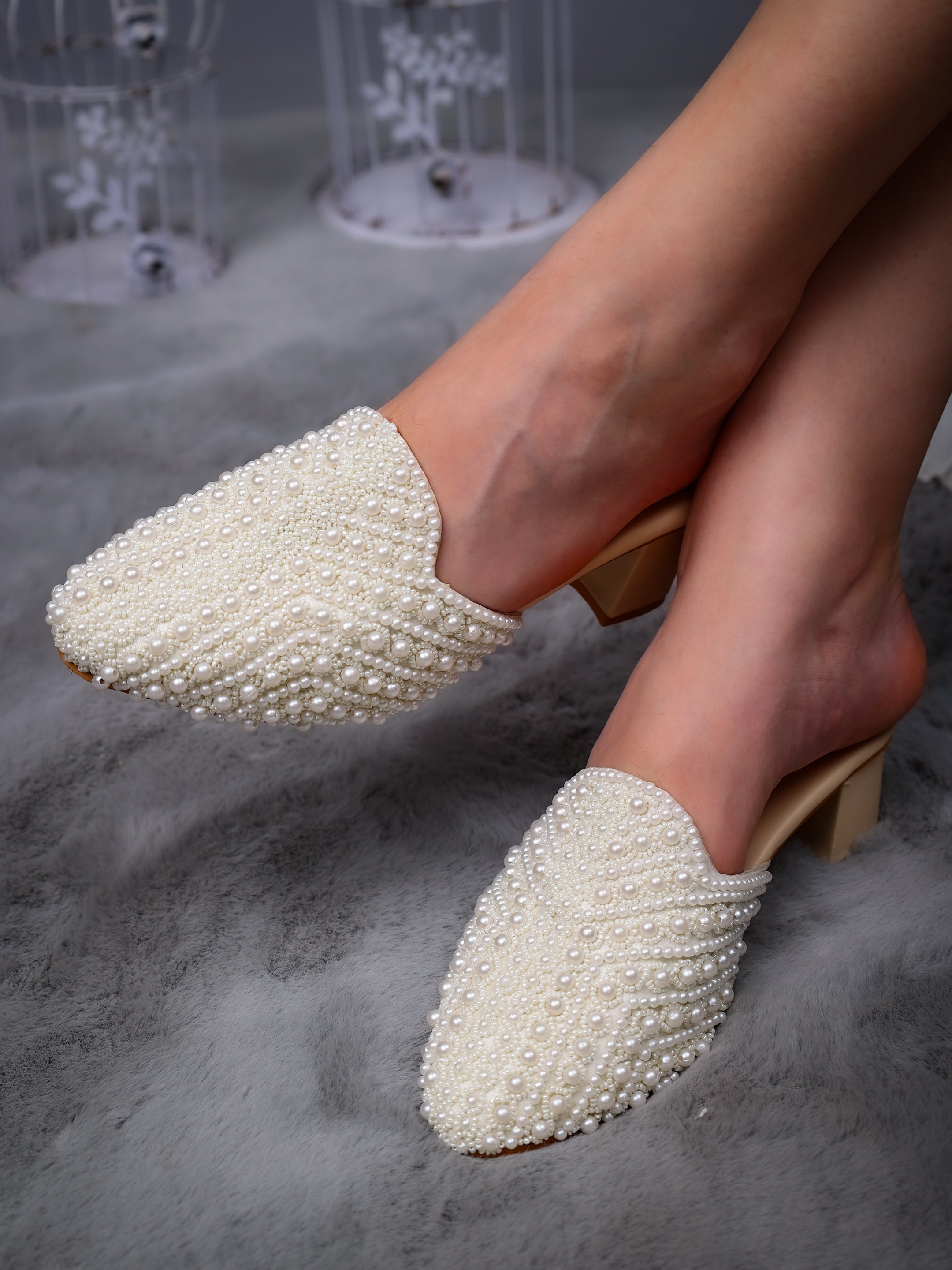 Masakali White Pearl Elegance Mules with Heel