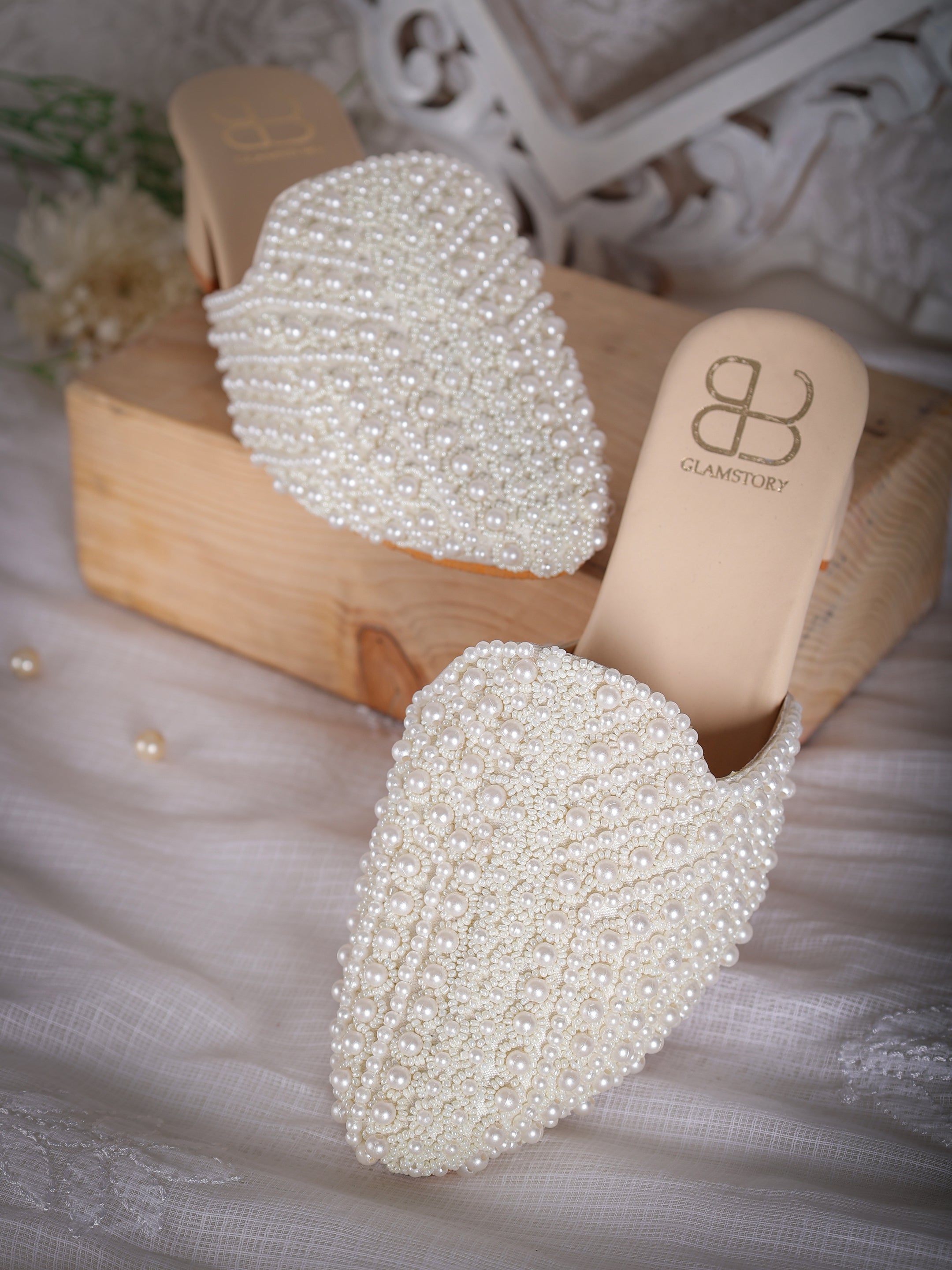 Masakali White Pearl Elegance Mules with Heel