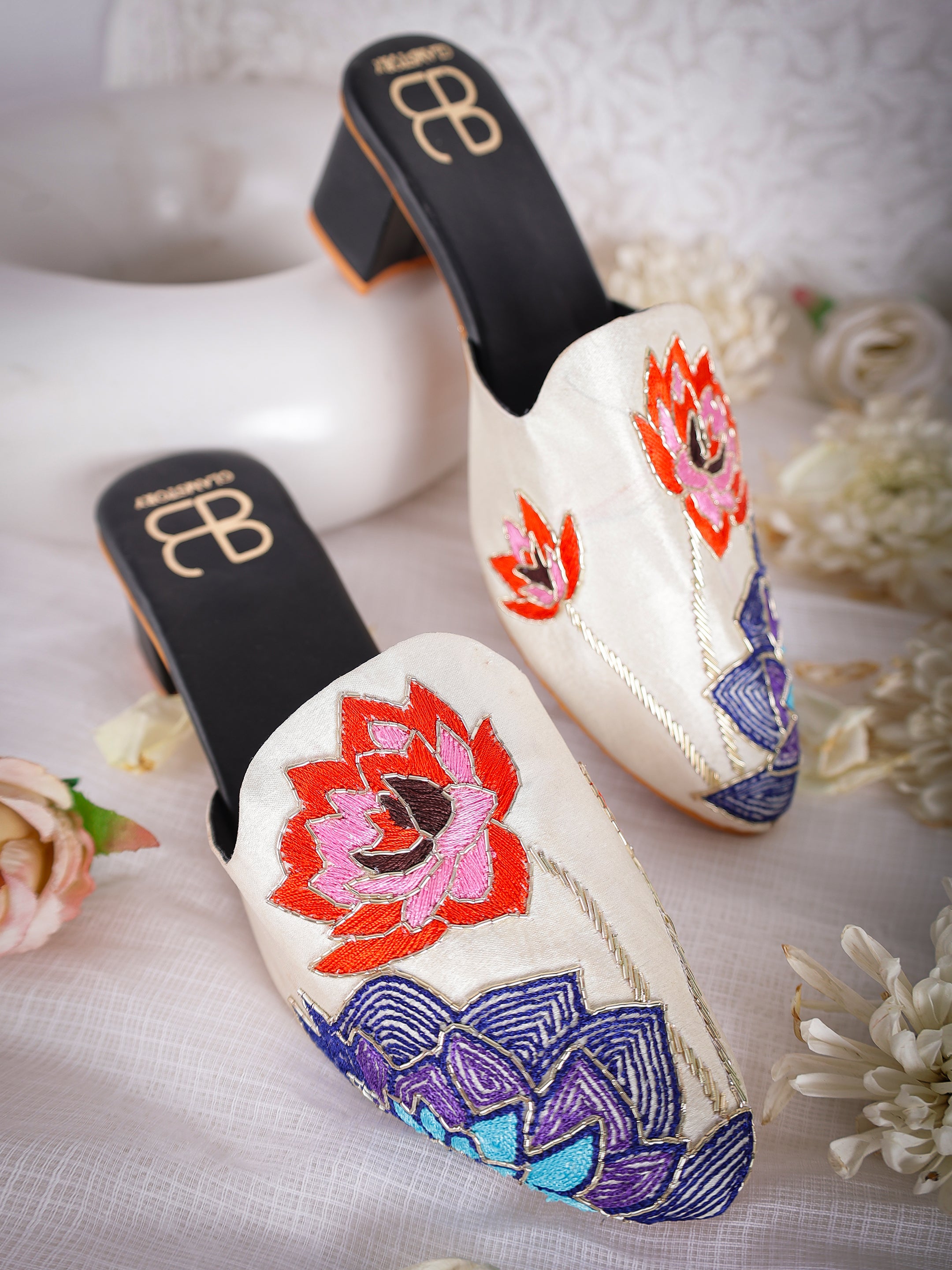 Masakali Floral Zardozi Mules with Heel