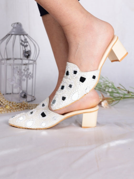 Masakali  White Mirror Work Elegance Mules with Heel