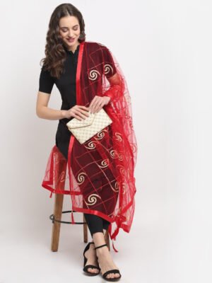 Net Embroidered Red Dupatta for Women