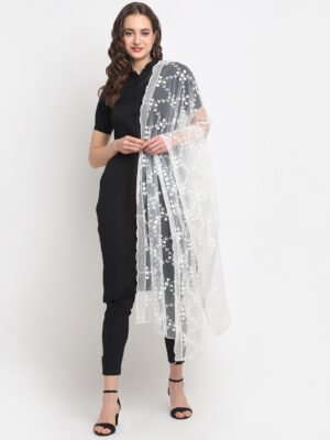 Net Embroidered White Dupatta for Women