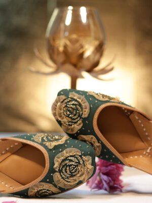 Zoya Teal Embellished Net Gold Designer Punjabi Juttis for Women