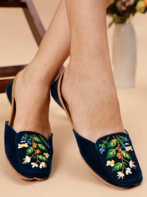 Glam Story Velvet Navy Blue Flower Embroidery Jutti for Women – Glamorous and Comfortable Ethnic Indian Footwear with Handcrafted Elegance | Loafers For Women Casual | Casual Shoes Loafers For Women