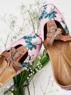 Glam Story Blue Floral Print Jutti with Golden Lace Up | Trendy Juttis For Women | Ethnic Wear Juttis | Handmade Jutti for Women with Soft Leather Beige Color
