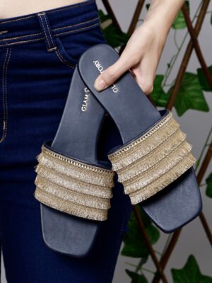 Glam Story Golden Lace Ethnic Occasion Sandles for Women | Fancy Flats for Special Events For Women & Ladies | Women’s Ethnic Flats | Elegant Flat For Girls |  Ethnic Embellished Open Toe Flats