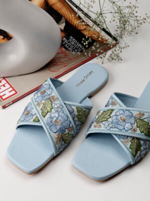 Glam Story Blue Colour Flower and Leaf Embroidery Work Open toe Flats For Women | Latest Collection Flats Sandals | Comfortable Stylish with Open Toe Flats | Casual Flats for Woman’s & Girls