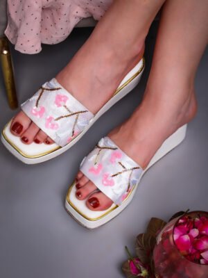Women White Embroidered Ethnic Wedge