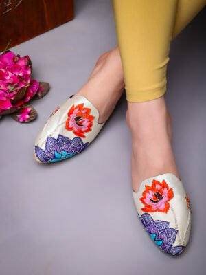 Floral Zardozi Bloom White Mules with Heel